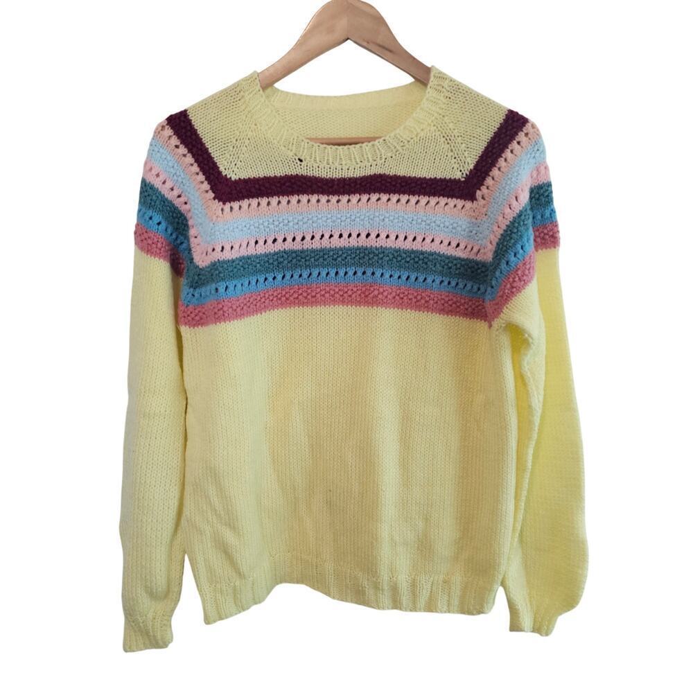 Vintage Handknit Sweater Women Lg Yellow Granny Spring Neutral Cottage Prairie